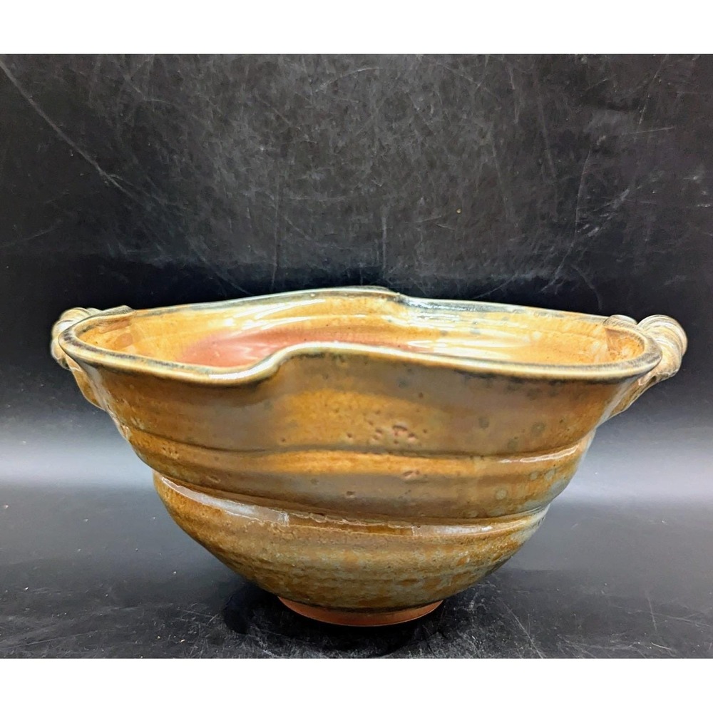 Vintage Studio Art Pottery 9.75" Brown Handled Fruit Console Bowl Signed